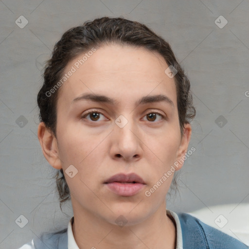 Neutral white young-adult female with short  brown hair and brown eyes