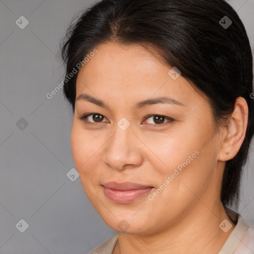 Joyful asian young-adult female with medium  brown hair and brown eyes