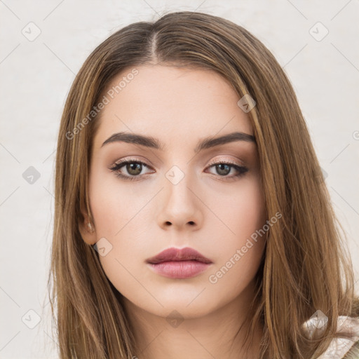 Neutral white young-adult female with long  brown hair and brown eyes