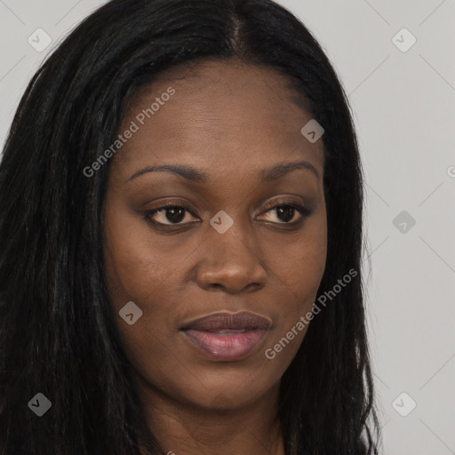 Joyful asian young-adult female with long  brown hair and brown eyes