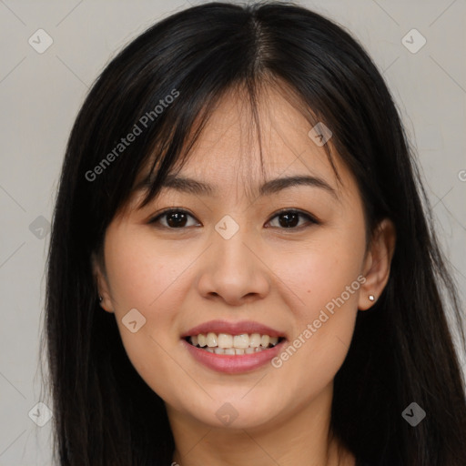 Joyful white young-adult female with long  brown hair and brown eyes