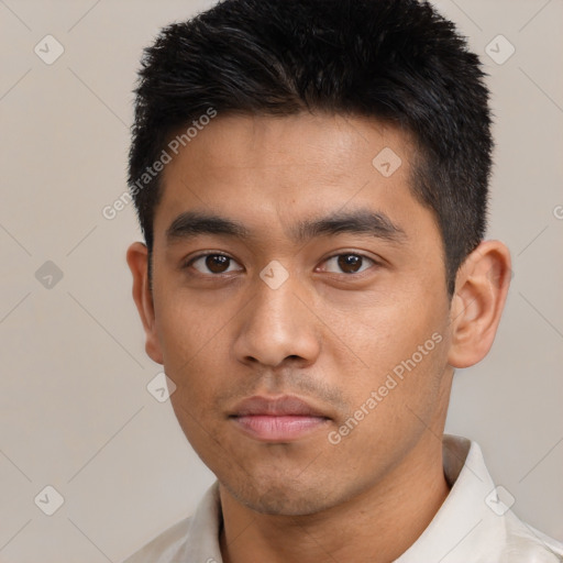 Neutral asian young-adult male with short  black hair and brown eyes