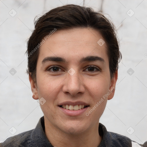 Joyful white young-adult female with short  brown hair and brown eyes