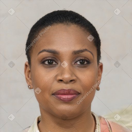 Joyful black young-adult female with short  brown hair and brown eyes