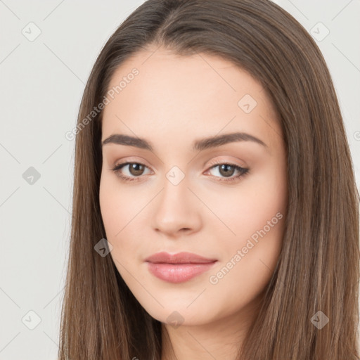 Neutral white young-adult female with long  brown hair and brown eyes