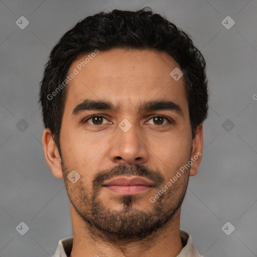 Neutral latino young-adult male with short  black hair and brown eyes