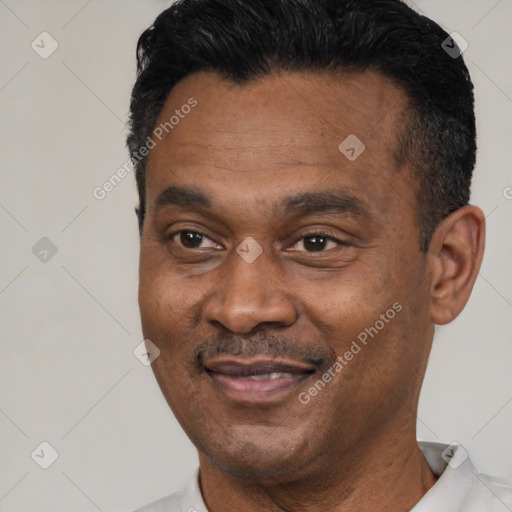 Joyful black adult male with short  black hair and brown eyes
