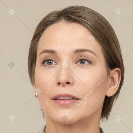 Neutral white adult female with medium  brown hair and brown eyes