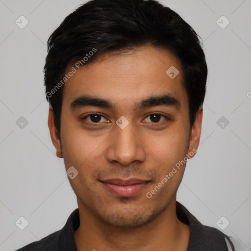 Joyful latino young-adult male with short  black hair and brown eyes