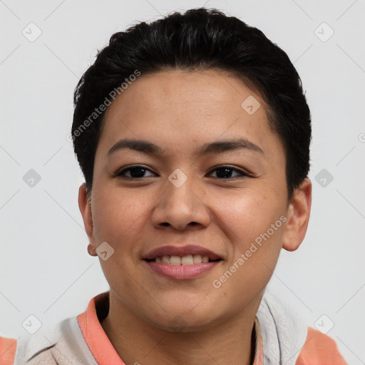 Joyful asian young-adult female with short  brown hair and brown eyes