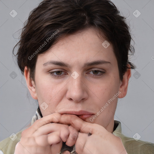 Neutral white adult female with medium  brown hair and brown eyes