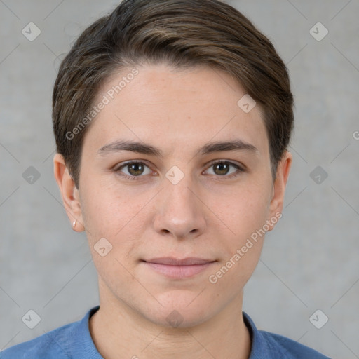 Joyful white young-adult female with short  brown hair and grey eyes