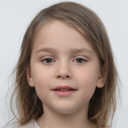 Neutral white child female with medium  brown hair and grey eyes