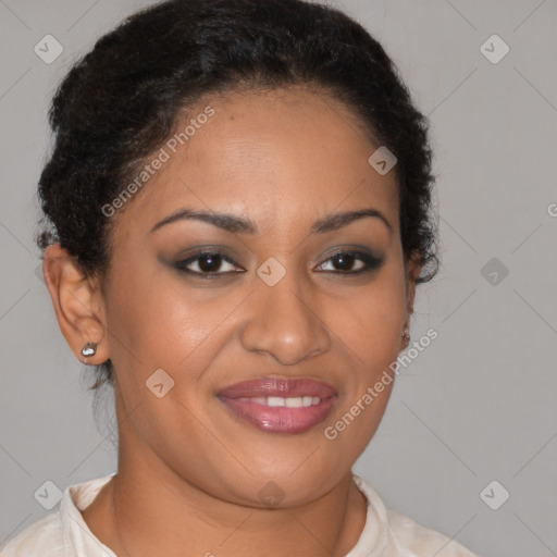 Joyful latino young-adult female with short  brown hair and brown eyes