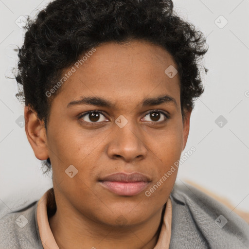 Joyful latino young-adult male with short  brown hair and brown eyes