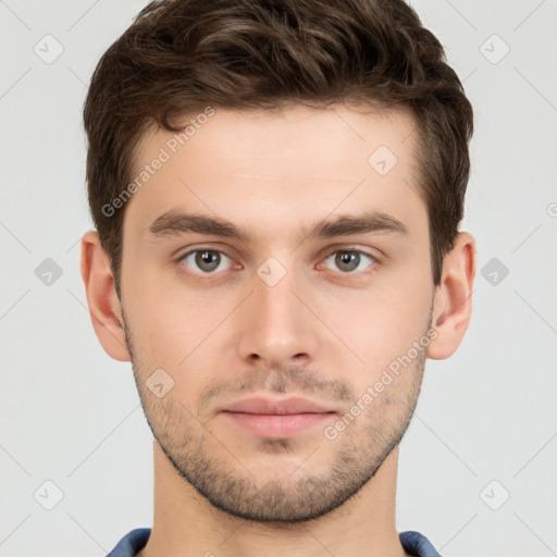 Neutral white young-adult male with short  brown hair and brown eyes