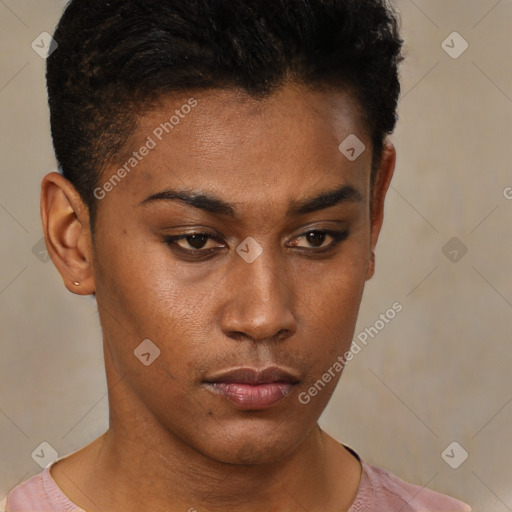 Neutral black young-adult male with short  brown hair and brown eyes