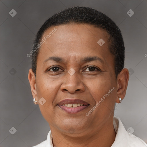 Joyful black adult female with short  brown hair and brown eyes