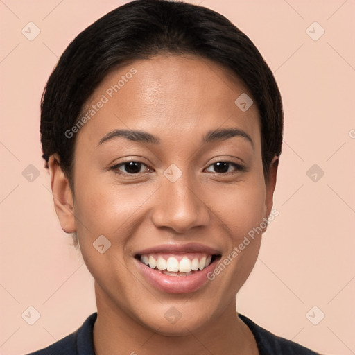 Joyful white young-adult female with short  brown hair and brown eyes