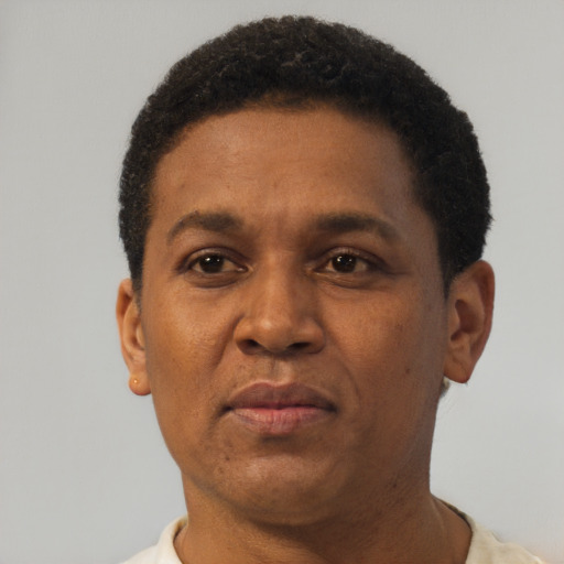 Neutral black adult male with short  brown hair and brown eyes