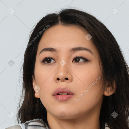 Neutral asian young-adult female with medium  black hair and brown eyes