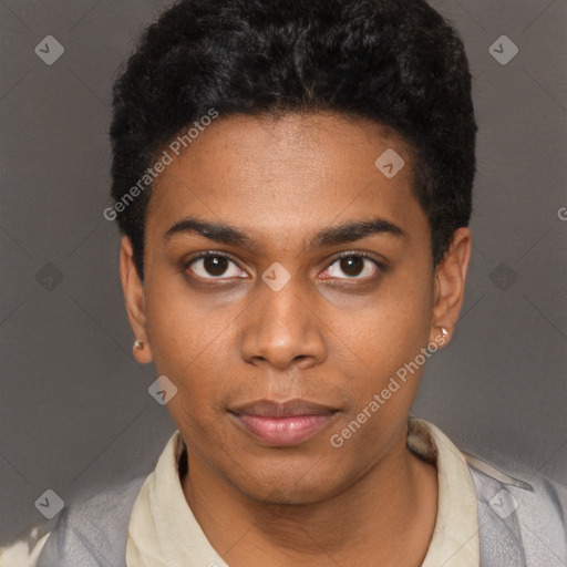 Neutral black young-adult male with short  black hair and brown eyes