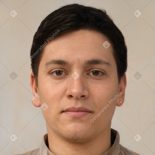 Neutral white young-adult male with short  brown hair and brown eyes