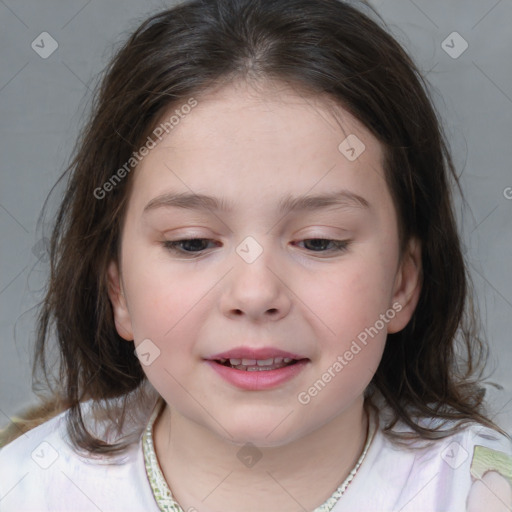 Joyful white child female with medium  brown hair and brown eyes