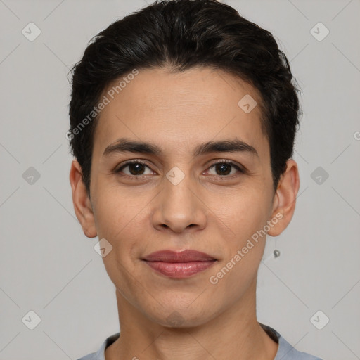 Joyful white young-adult male with short  black hair and brown eyes