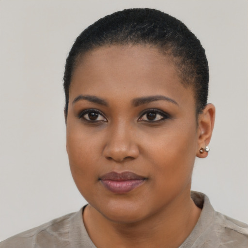 Joyful black young-adult female with short  black hair and brown eyes