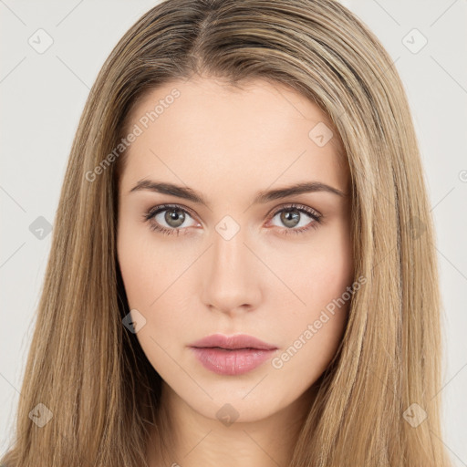 Neutral white young-adult female with long  brown hair and brown eyes