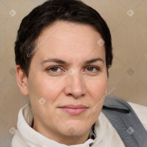 Joyful white adult female with short  brown hair and brown eyes