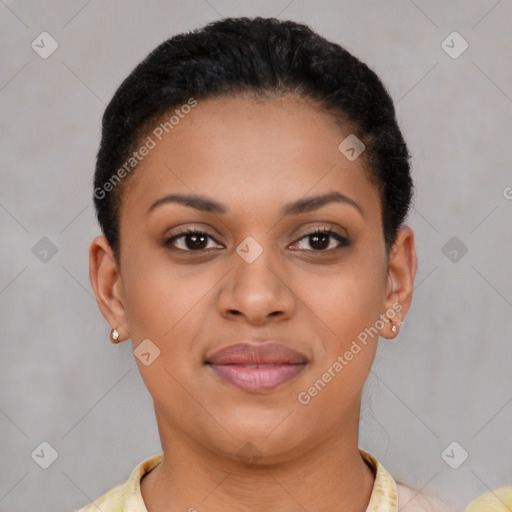 Joyful latino young-adult female with short  brown hair and brown eyes