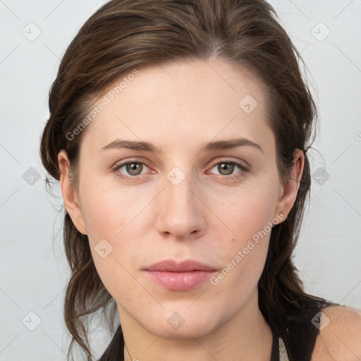 Neutral white young-adult female with medium  brown hair and grey eyes