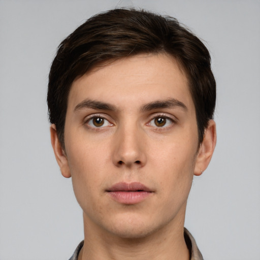 Neutral white young-adult male with short  brown hair and brown eyes