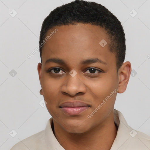 Joyful black young-adult female with short  black hair and brown eyes