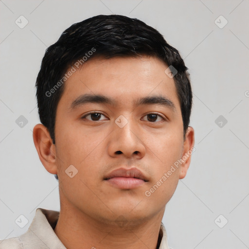 Neutral asian young-adult male with short  black hair and brown eyes