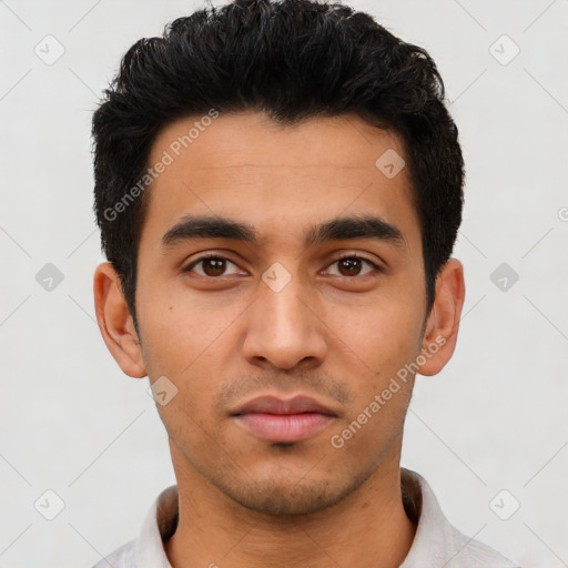 Neutral latino young-adult male with short  black hair and brown eyes