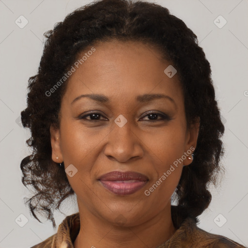 Joyful black adult female with medium  brown hair and brown eyes