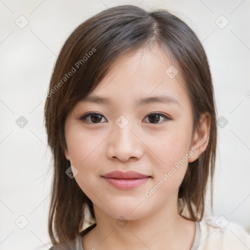 Joyful white child female with medium  brown hair and brown eyes