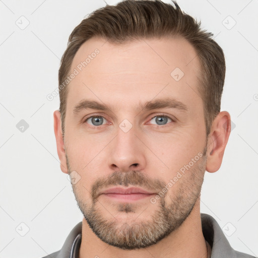 Neutral white young-adult male with short  brown hair and grey eyes