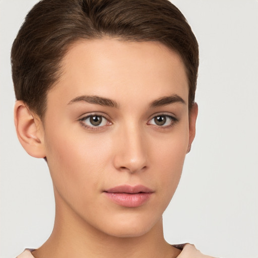 Neutral white young-adult female with short  brown hair and brown eyes