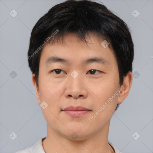 Neutral asian young-adult male with short  black hair and brown eyes