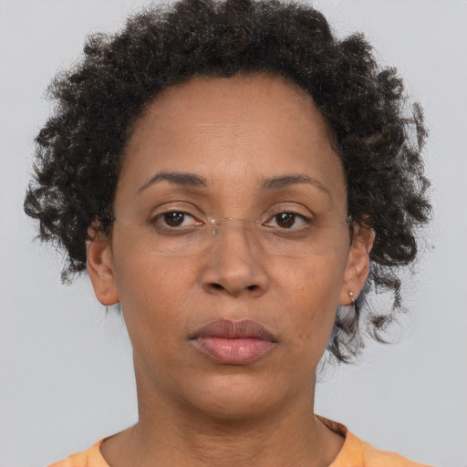 Neutral black adult female with short  brown hair and brown eyes