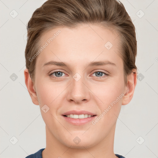 Joyful white young-adult female with short  brown hair and grey eyes