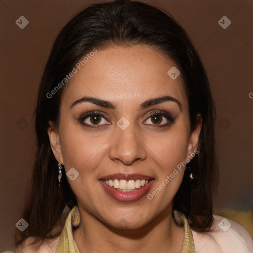 Joyful white young-adult female with medium  brown hair and brown eyes