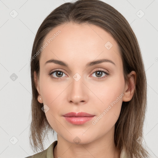 Neutral white young-adult female with long  brown hair and grey eyes