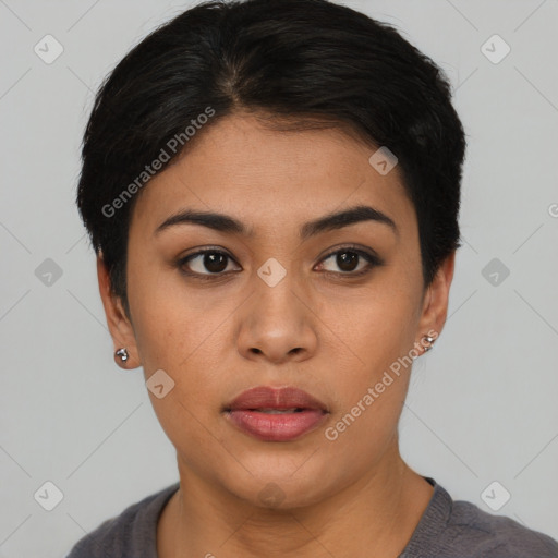 Neutral asian young-adult female with short  black hair and brown eyes