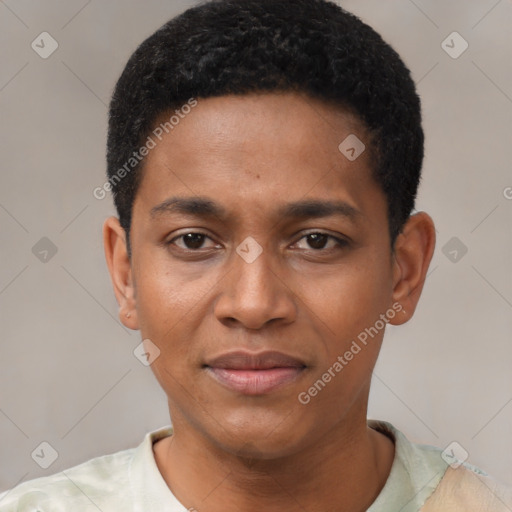 Joyful black young-adult male with short  black hair and brown eyes