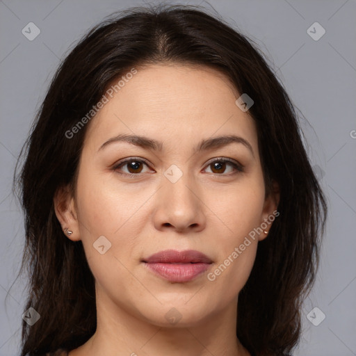 Joyful white young-adult female with medium  brown hair and brown eyes